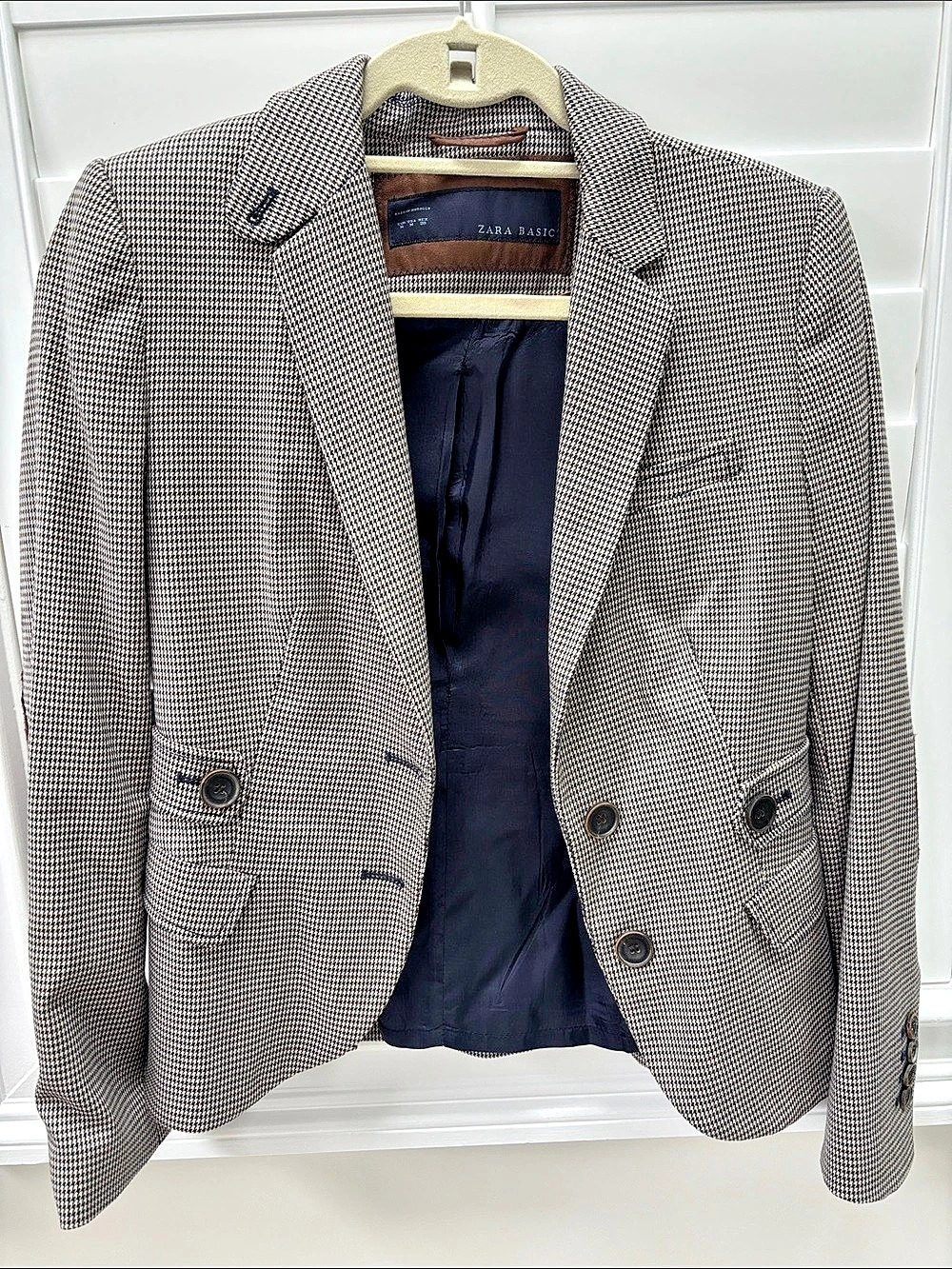 Zara Basic Houndstooth Blazer with Elbow Patches Brown & White M Medium